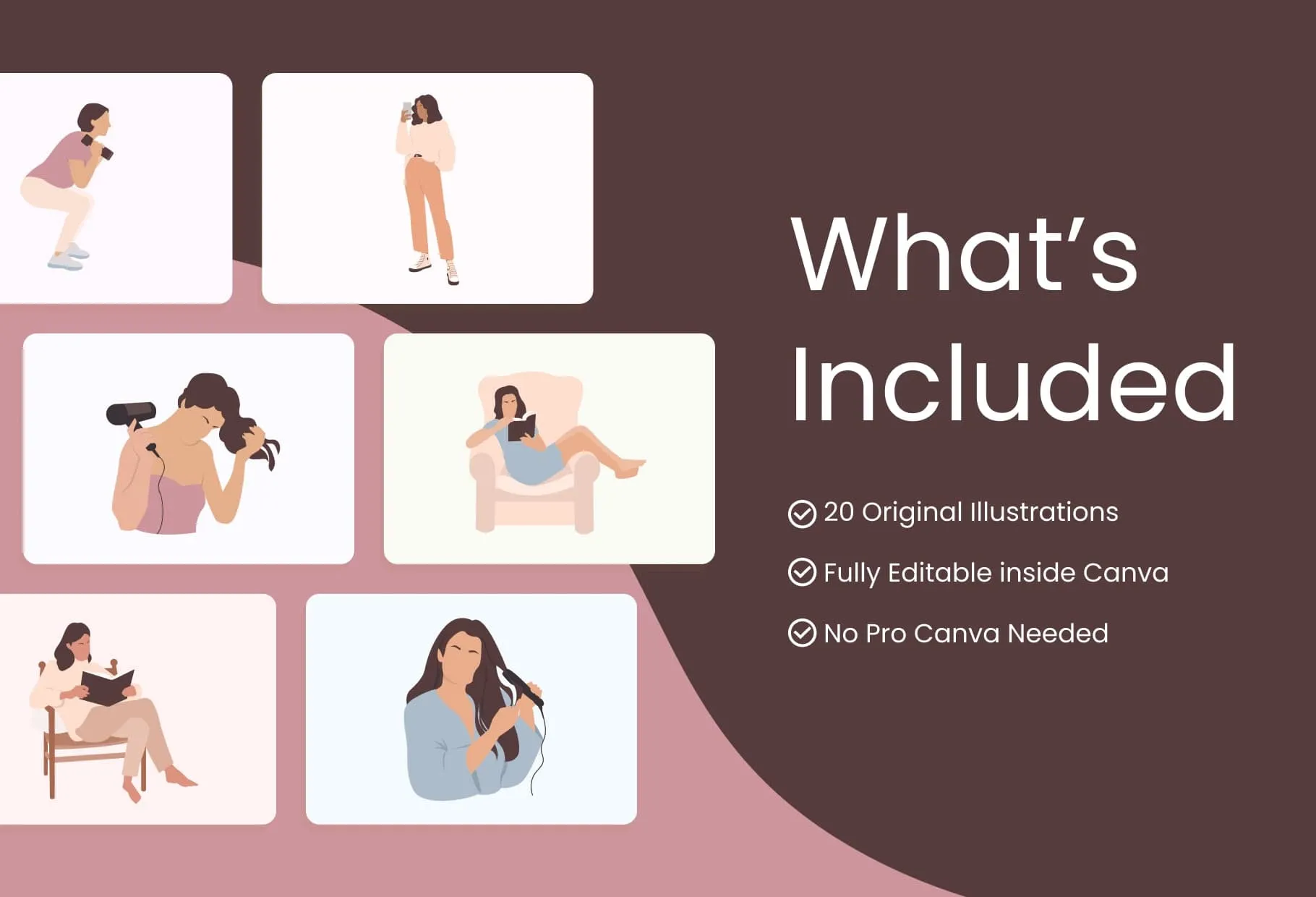 20 Unique Female Everyday Illustrations Fully Editable in Canva Pack 02