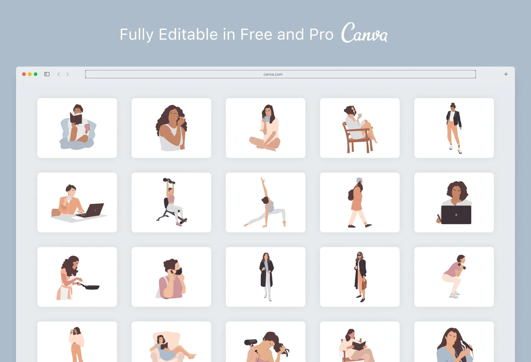 20 Unique Female Everyday Illustrations Fully Editable in Canva Pack 02