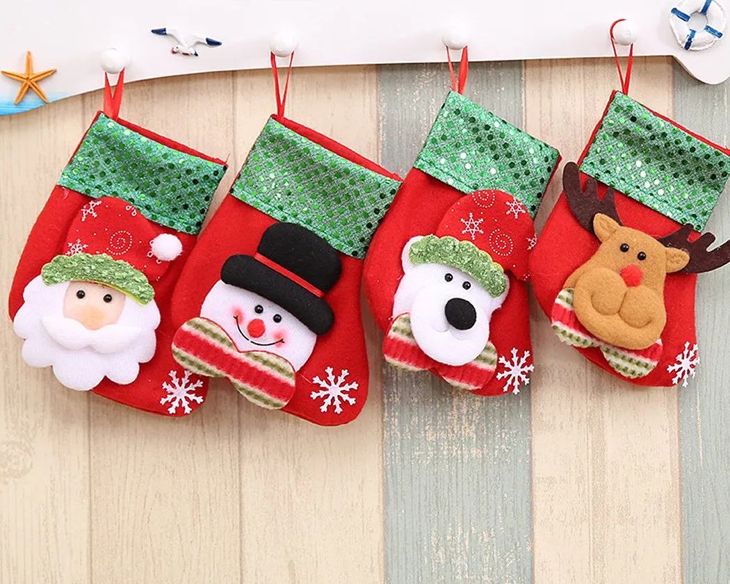 3 Pieces Christmas Stockings with Santa Claus Pattern - Red and Green