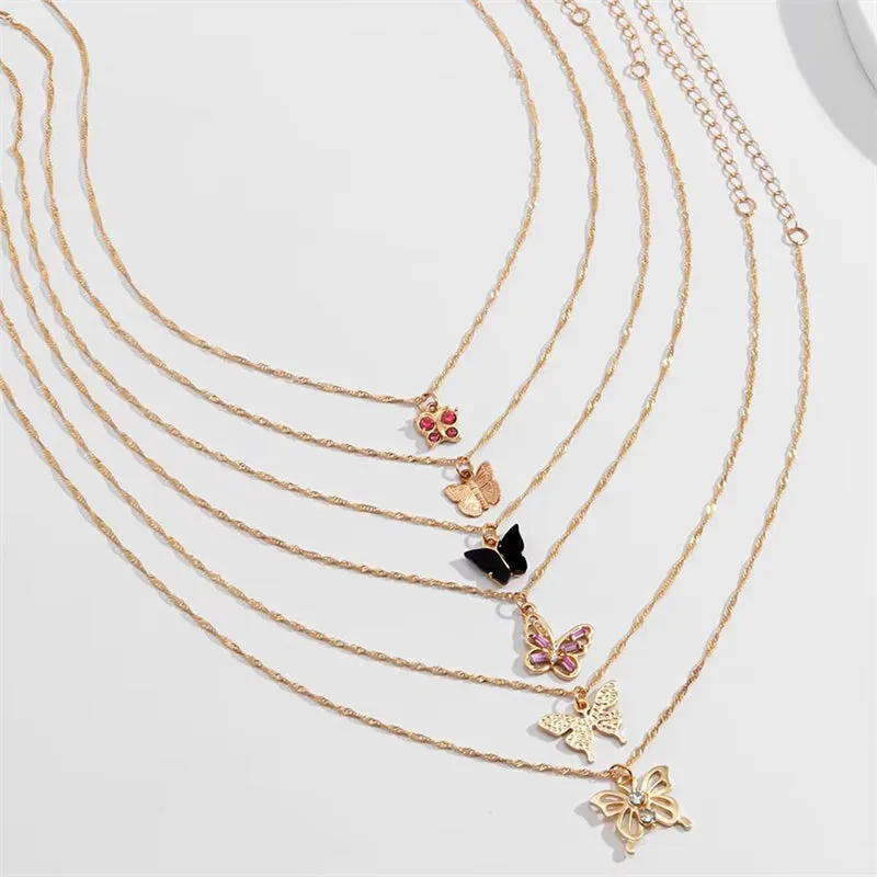 6Pcs/Set Stylish Rhinestone Butterfly Pendant Necklaces for Women