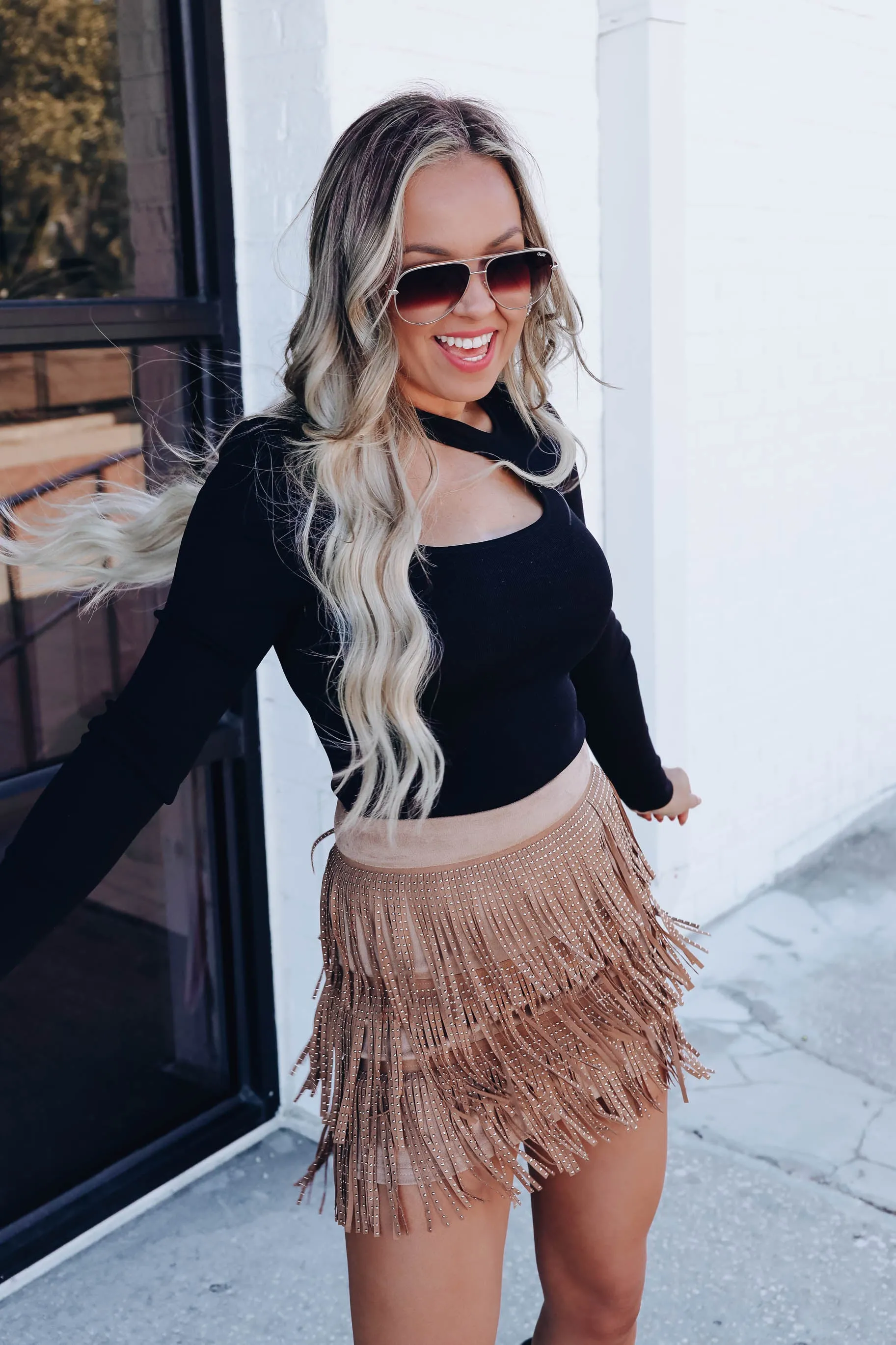 Adalida Studded Fringe Skirt - Camel