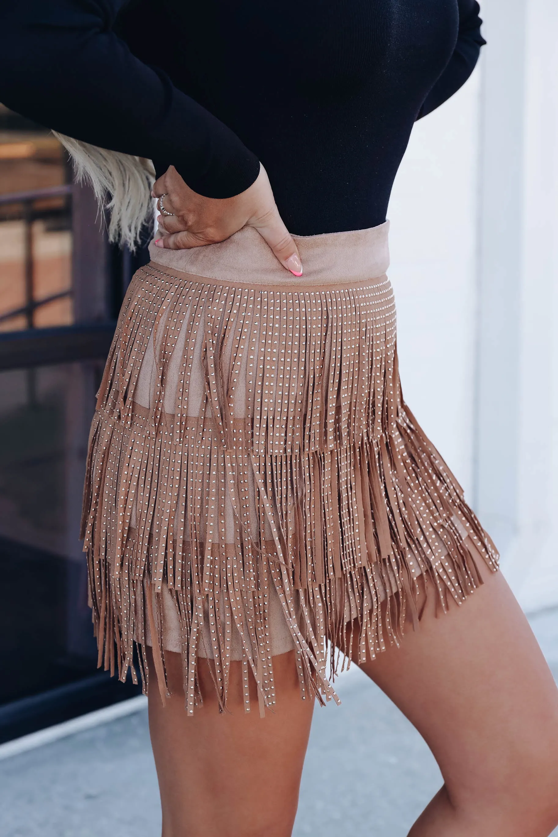 Adalida Studded Fringe Skirt - Camel
