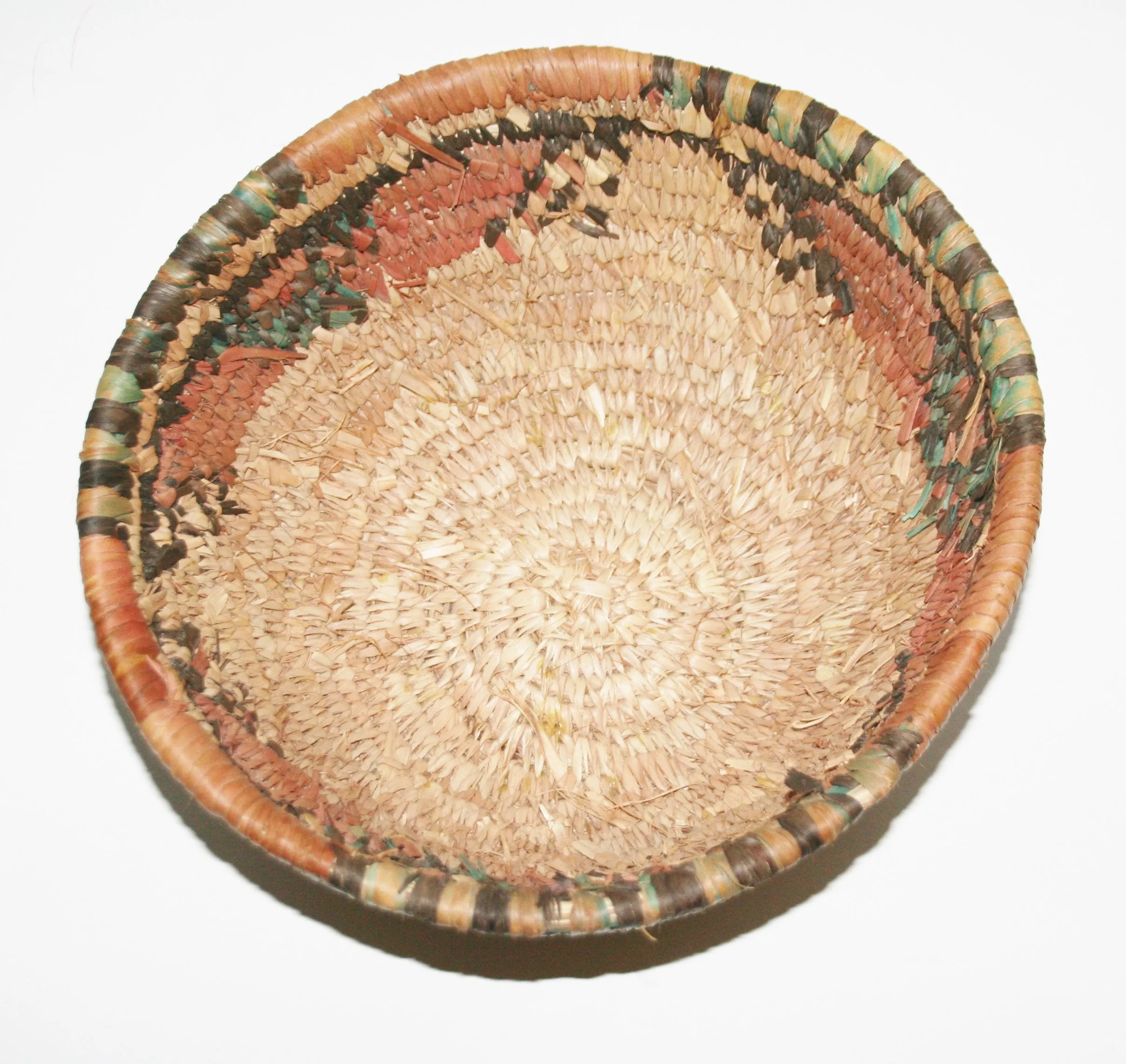 African Coiled Grass Hausa Bowl Basket - Nigeria Vintage 10" D X 6" H