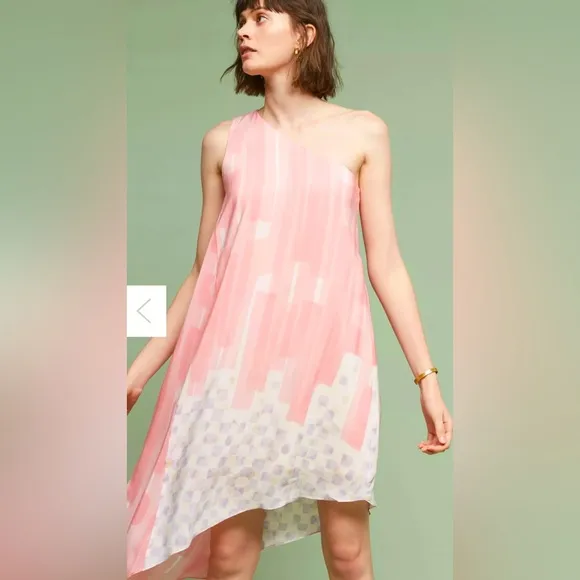 Anthropologie Pink One-Shoulder Dress 100% Silk