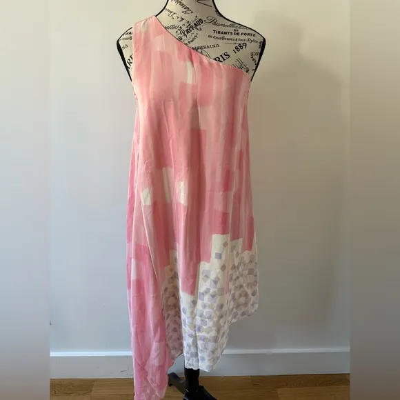 Anthropologie Pink One-Shoulder Dress 100% Silk