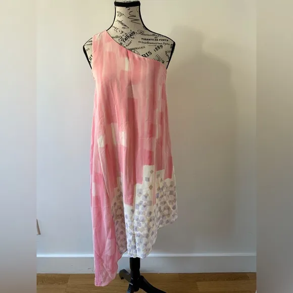 Anthropologie Pink One-Shoulder Dress 100% Silk