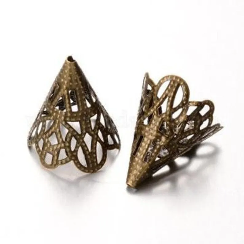 Antique Bronze Iron Filigree Wide Cone Bead Caps - Qty 20 or 40