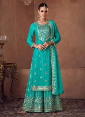 Aqua Mirror Embroidered Stylish Sharara Suit