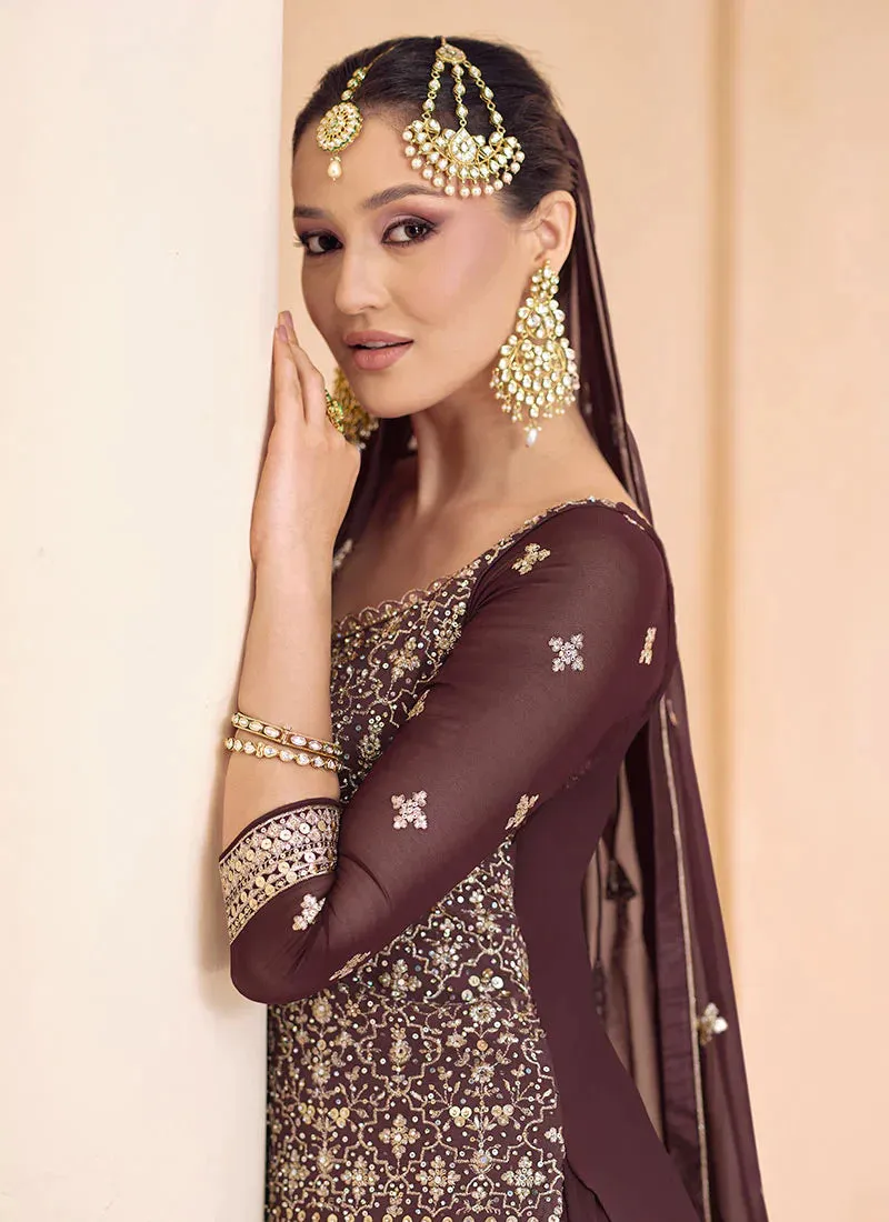 Azure Elegance Coffee Brown Embroidered Stylish Lehenga Choli