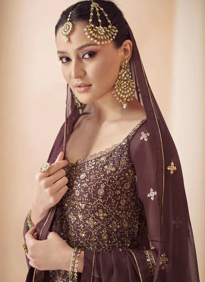 Azure Elegance Coffee Brown Embroidered Stylish Lehenga Choli