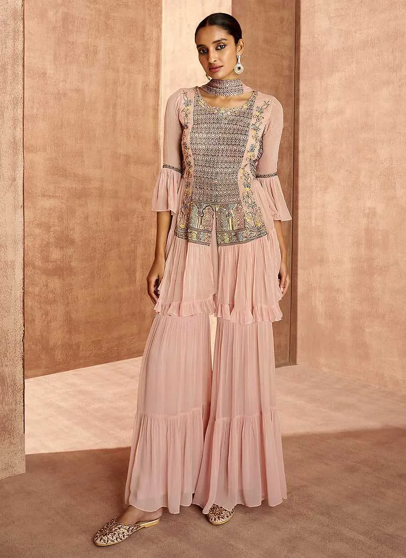 Baby Pink Sequin Embroidered Stylish Indo Western Lehenga