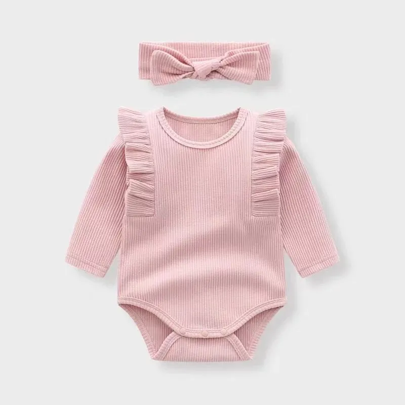 Beige / White / Pink Ribbed Long Sleeve Bodysuit With Matching Bow Headband - Amy