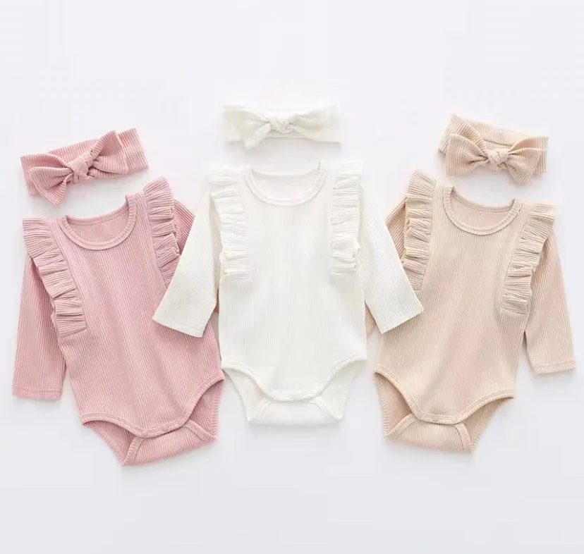 Beige / White / Pink Ribbed Long Sleeve Bodysuit With Matching Bow Headband - Amy