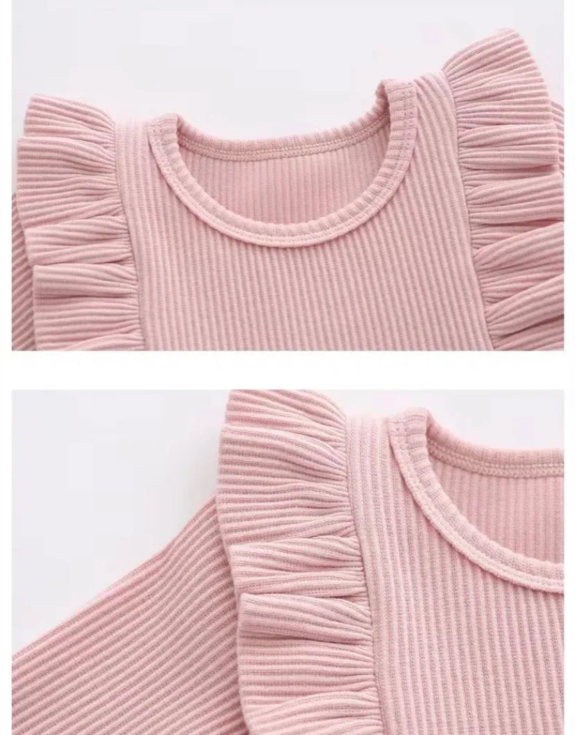 Beige / White / Pink Ribbed Long Sleeve Bodysuit With Matching Bow Headband - Amy