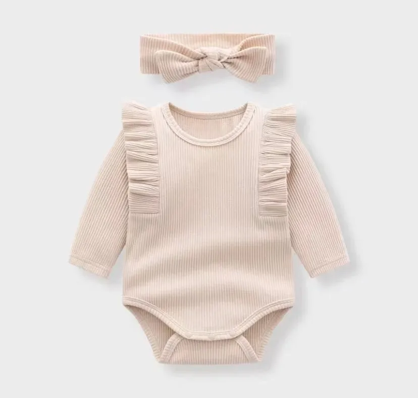 Beige / White / Pink Ribbed Long Sleeve Bodysuit With Matching Bow Headband - Amy