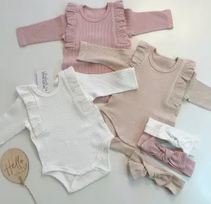 Beige / White / Pink Ribbed Long Sleeve Bodysuit With Matching Bow Headband - Amy