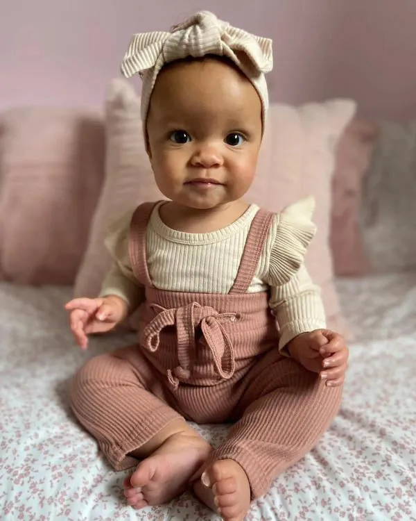 Beige / White / Pink Ribbed Long Sleeve Bodysuit With Matching Bow Headband - Amy