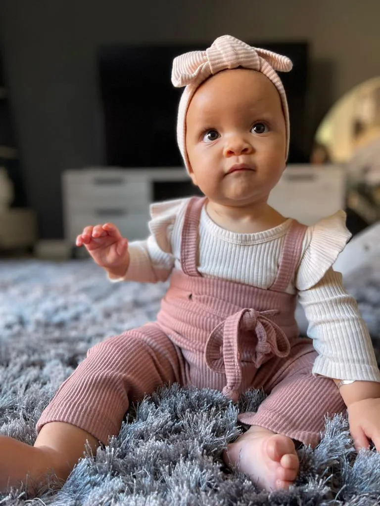 Beige / White / Pink Ribbed Long Sleeve Bodysuit With Matching Bow Headband - Amy