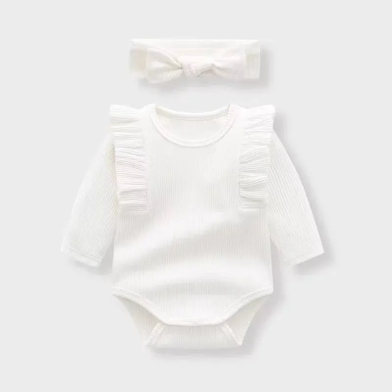 Beige / White / Pink Ribbed Long Sleeve Bodysuit With Matching Bow Headband - Amy