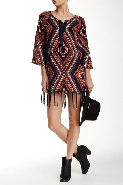 Blu Pepper | Navy Boho Print Fringe Tunic Dress