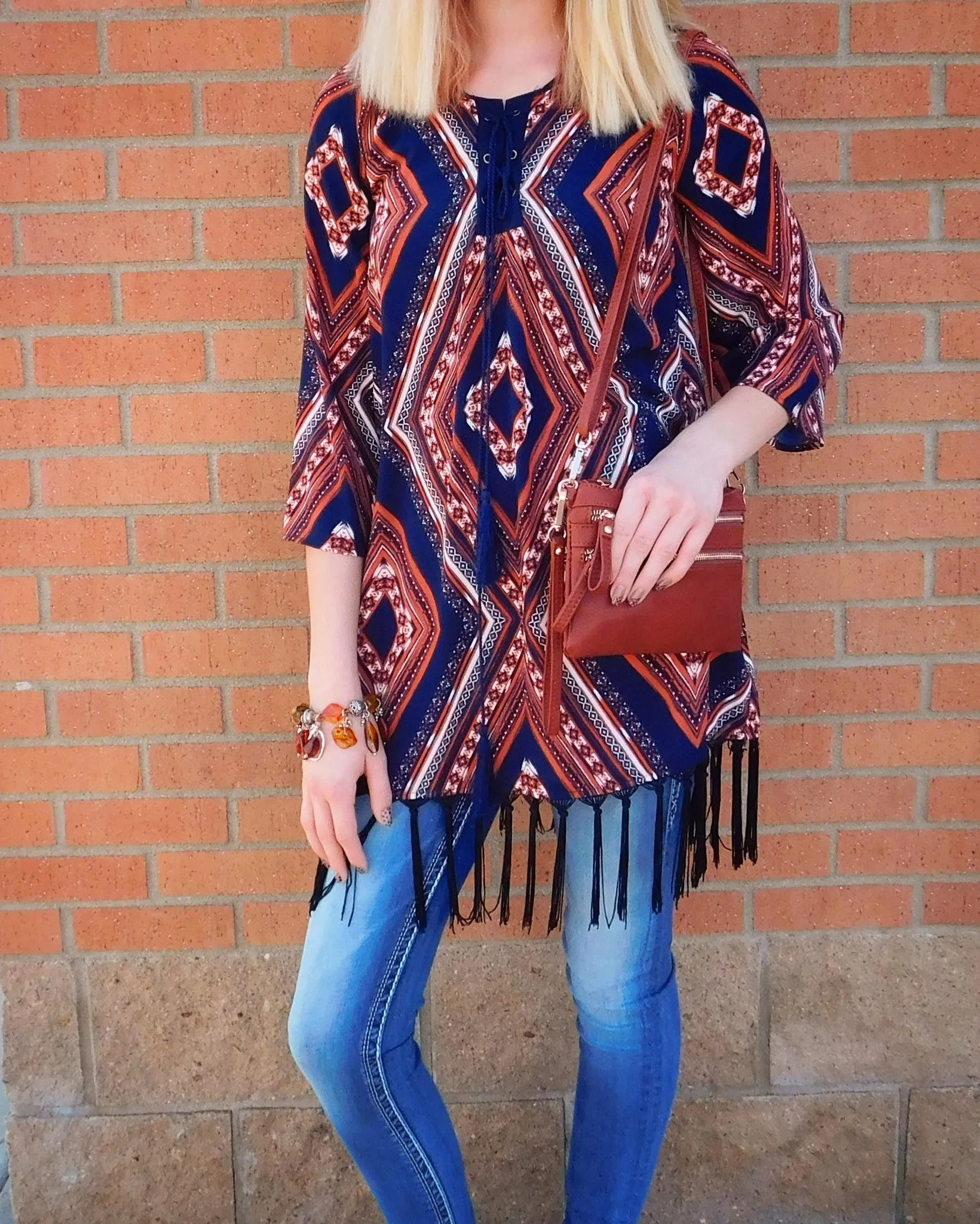 Blu Pepper | Navy Boho Print Fringe Tunic Dress