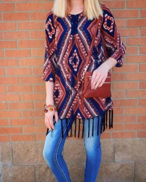 Blu Pepper | Navy Boho Print Fringe Tunic Dress