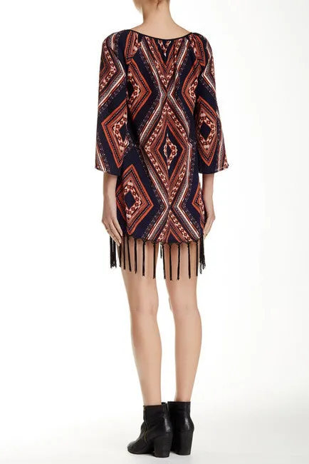 Blu Pepper | Navy Boho Print Fringe Tunic Dress