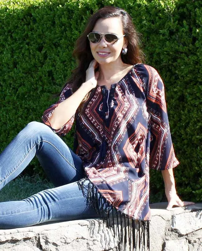 Blu Pepper | Navy Boho Print Fringe Tunic Dress