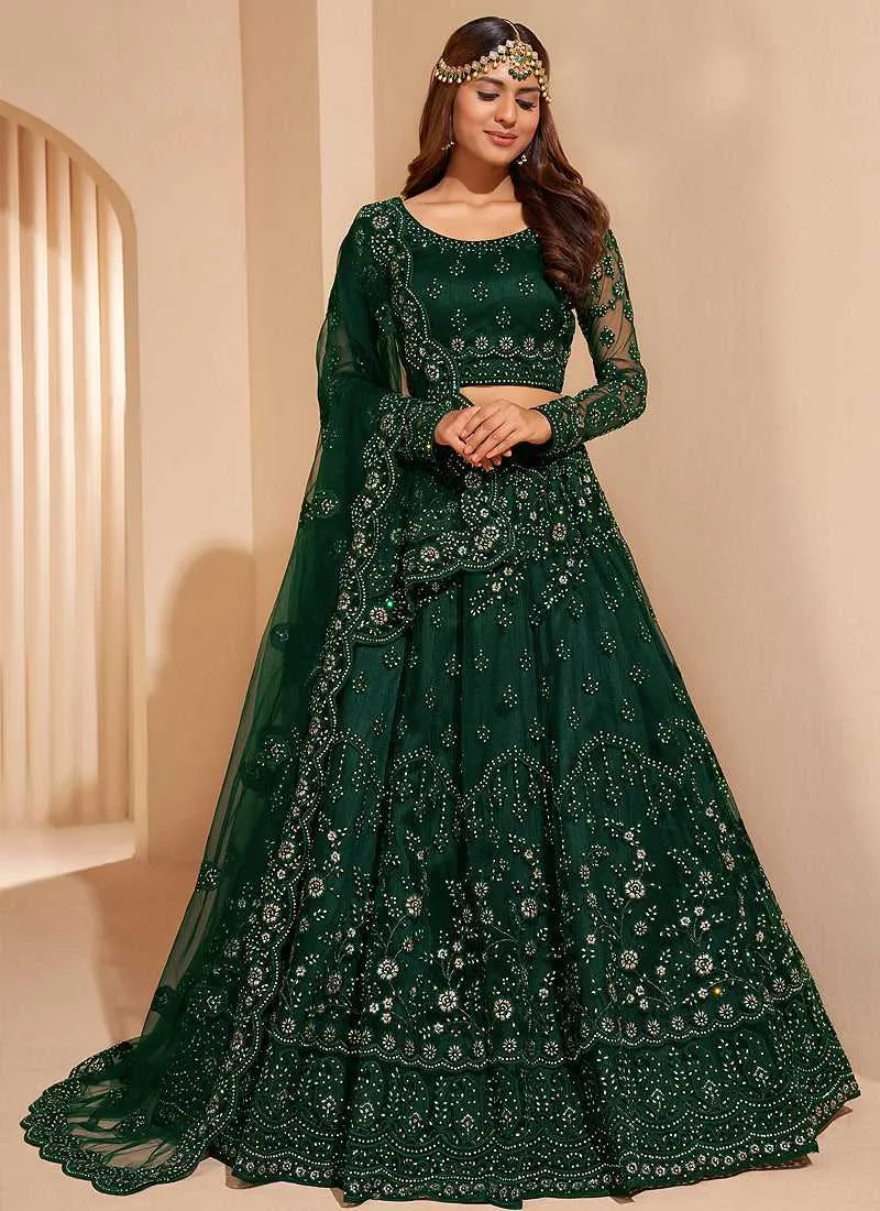 Bottle Green Floral Embroidered Stylish Lehenga Choli
