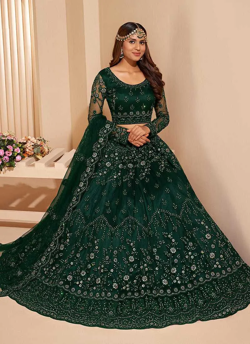 Bottle Green Floral Embroidered Stylish Lehenga Choli