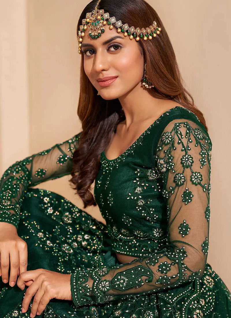 Bottle Green Floral Embroidered Stylish Lehenga Choli