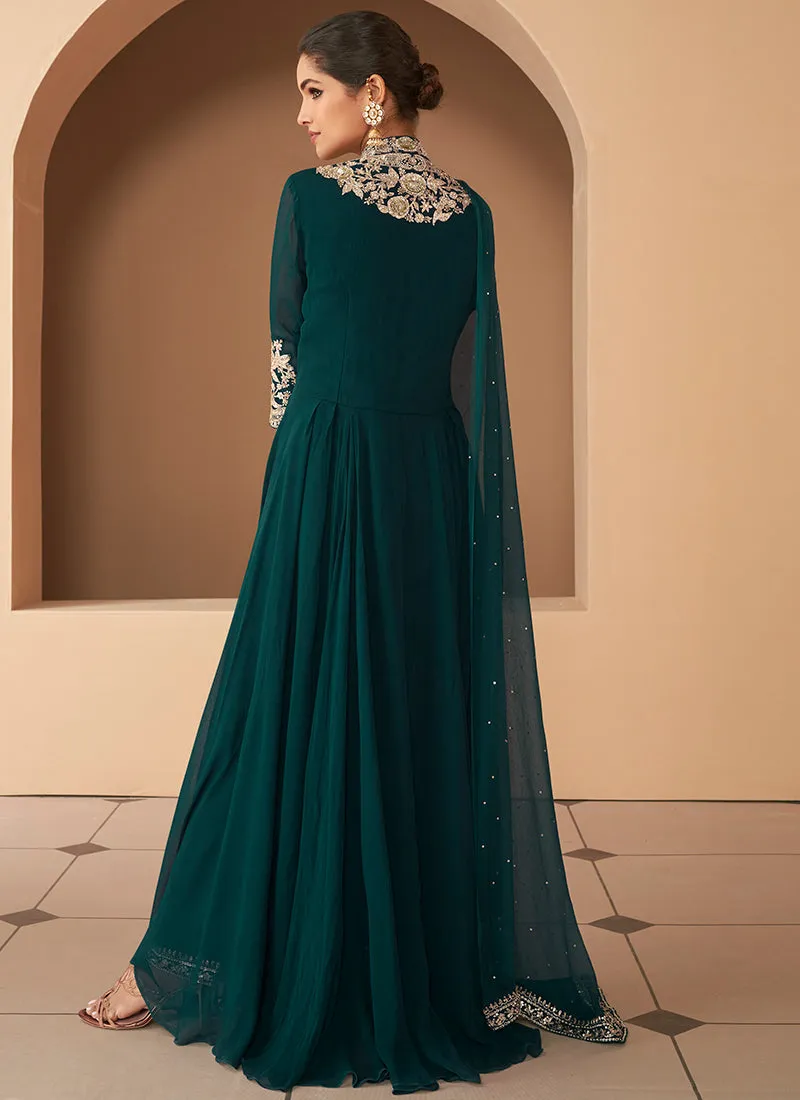 Bottle Green Heavy Embroidered Stylish Anarkali