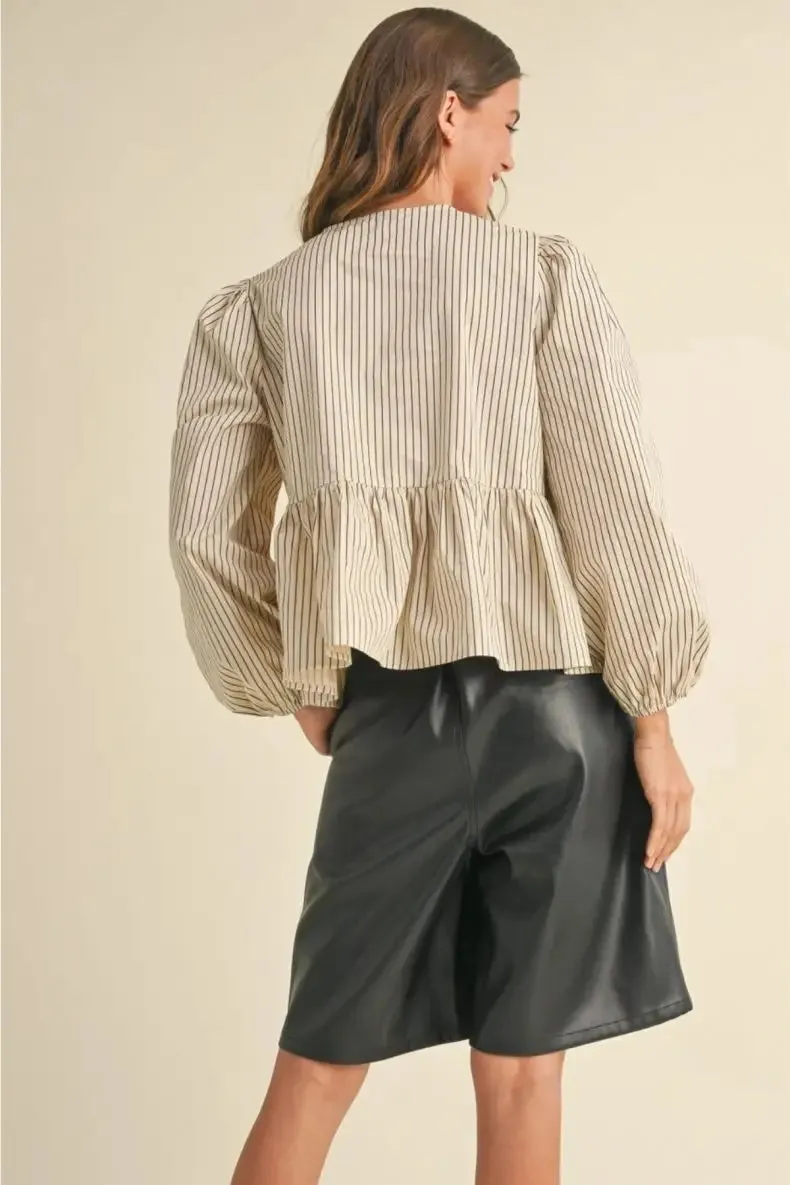 BOW STRIPED TIE FRONT BLOUSE