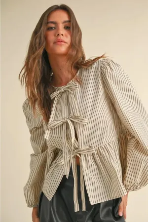 BOW STRIPED TIE FRONT BLOUSE