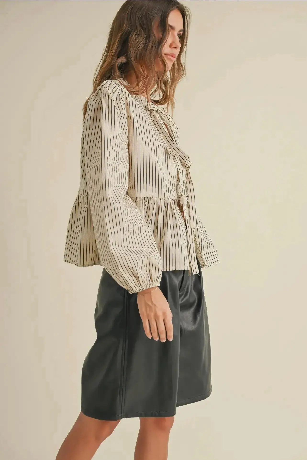 BOW STRIPED TIE FRONT BLOUSE
