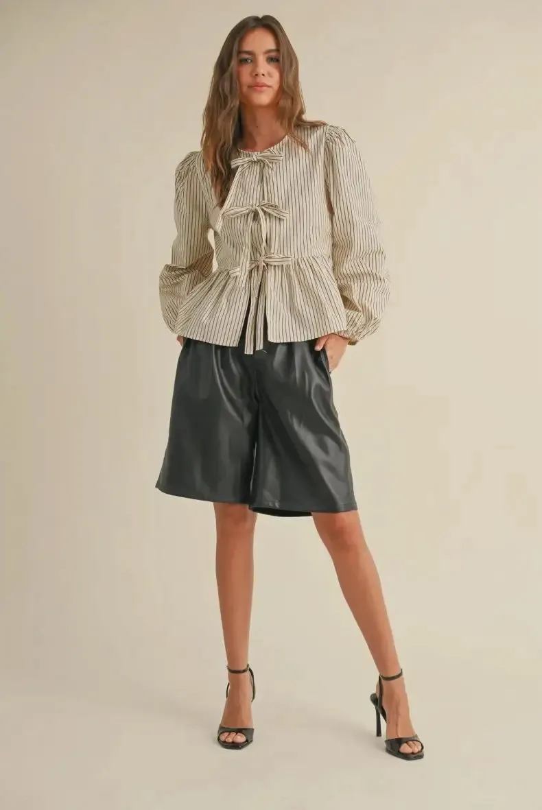 BOW STRIPED TIE FRONT BLOUSE