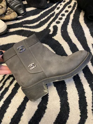 Chanel Dark Grey Suede Calfskin Side Zip Bootie
