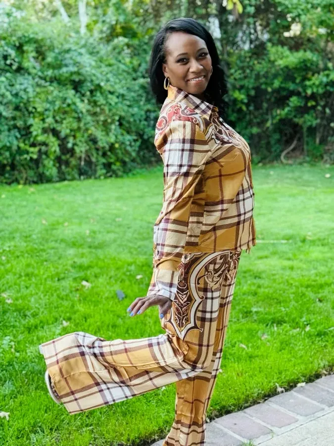 Coffee Plaid Pant Set