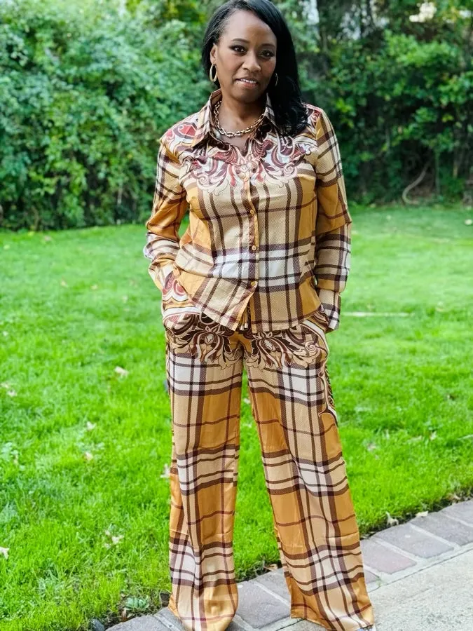 Coffee Plaid Pant Set