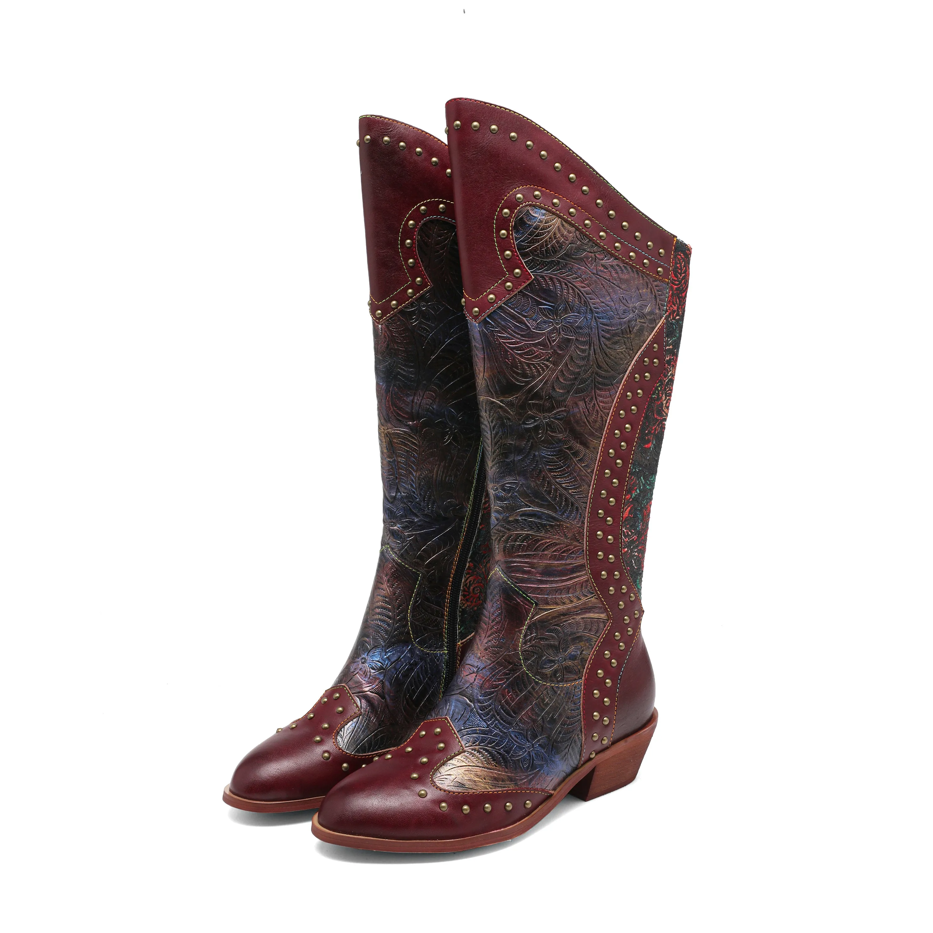 CrazycatZ Womens Leather  Knee High Boots Patterned Long Boots Vintage Boots Studded Western Boots Red Wine