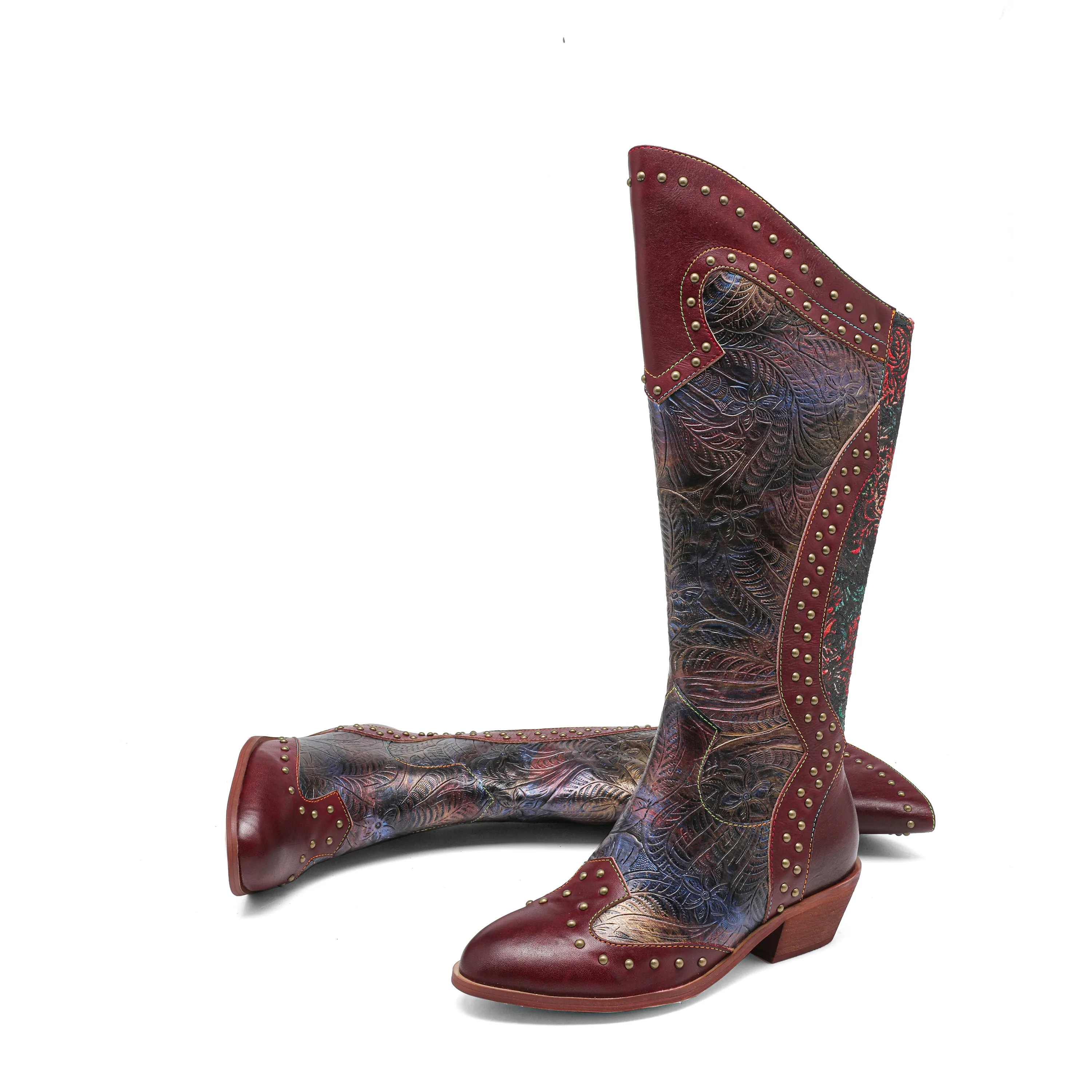 CrazycatZ Womens Leather  Knee High Boots Patterned Long Boots Vintage Boots Studded Western Boots Red Wine