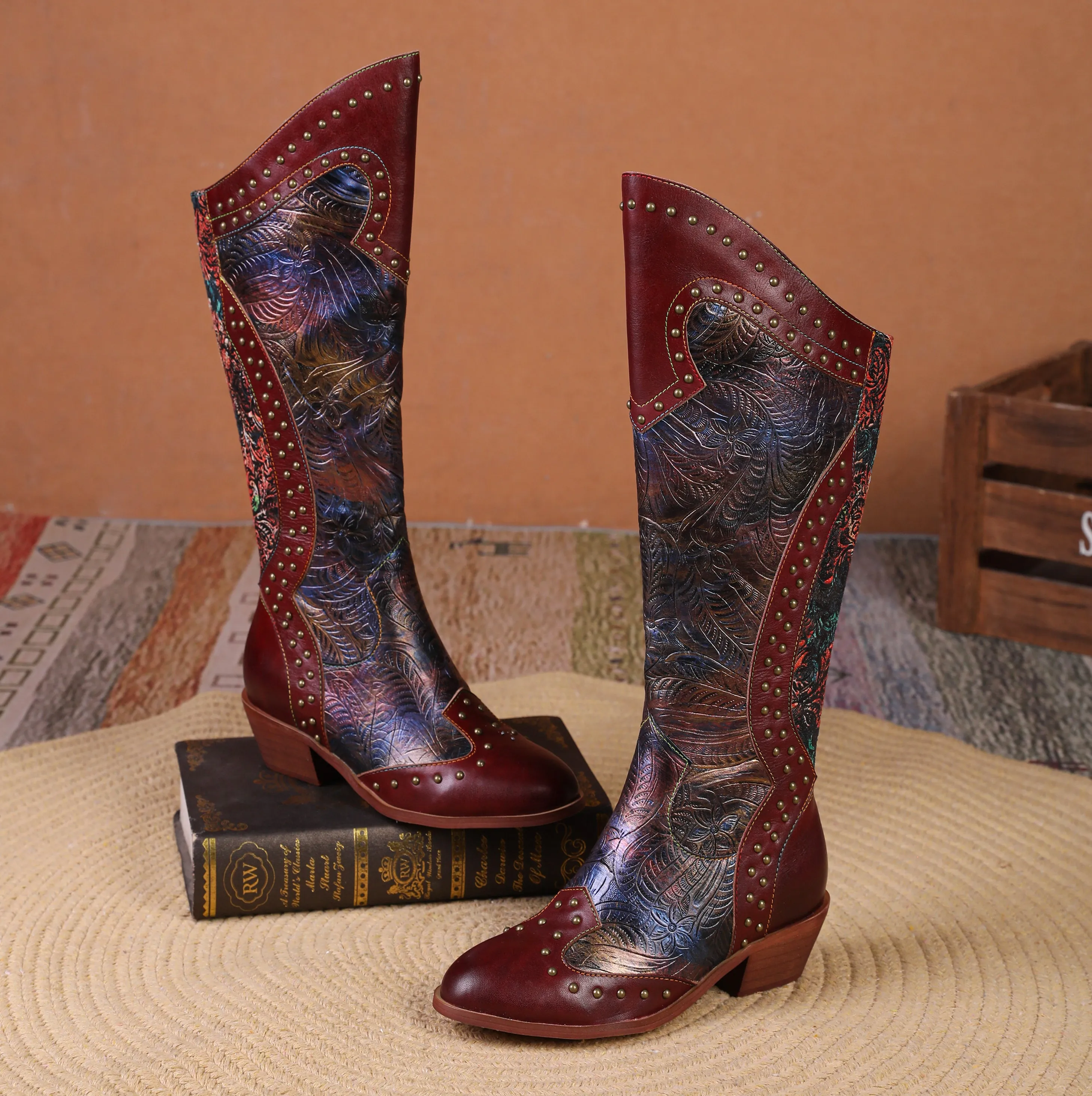 CrazycatZ Womens Leather  Knee High Boots Patterned Long Boots Vintage Boots Studded Western Boots Red Wine