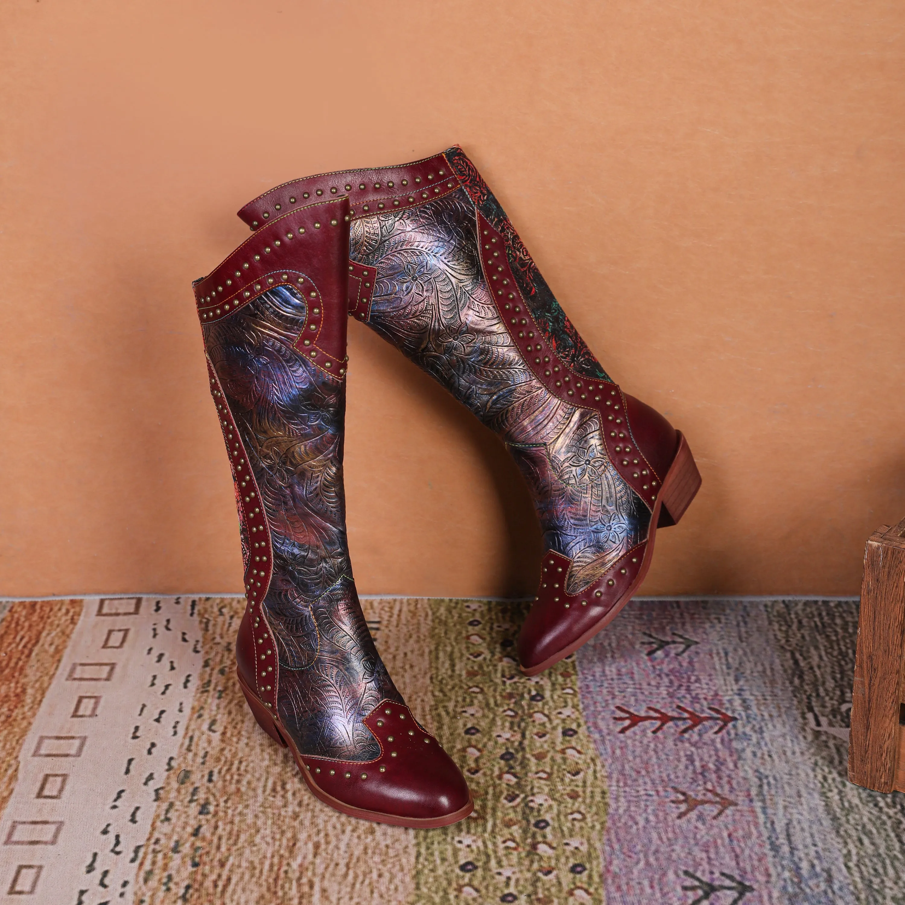 CrazycatZ Womens Leather  Knee High Boots Patterned Long Boots Vintage Boots Studded Western Boots Red Wine