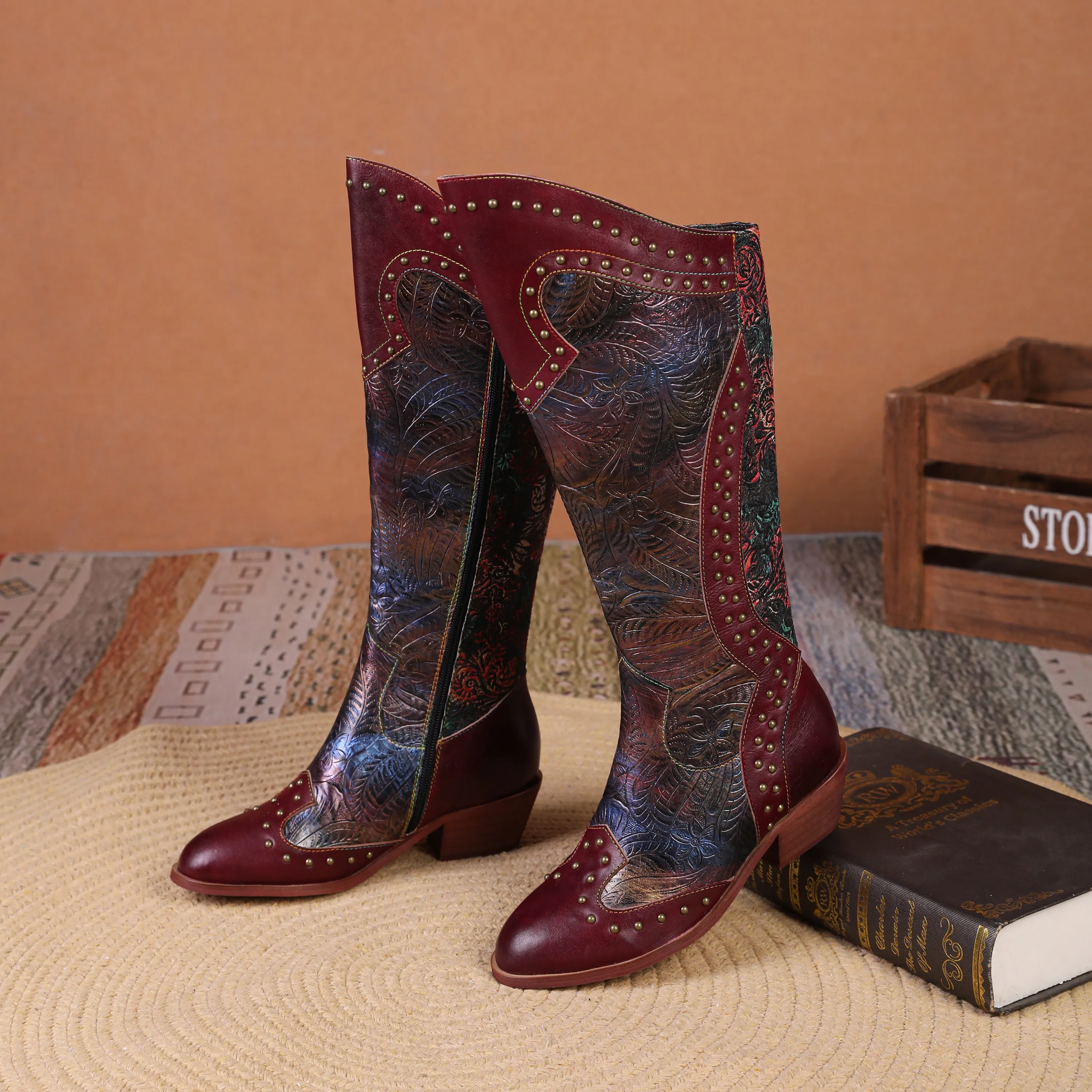 CrazycatZ Womens Leather  Knee High Boots Patterned Long Boots Vintage Boots Studded Western Boots Red Wine