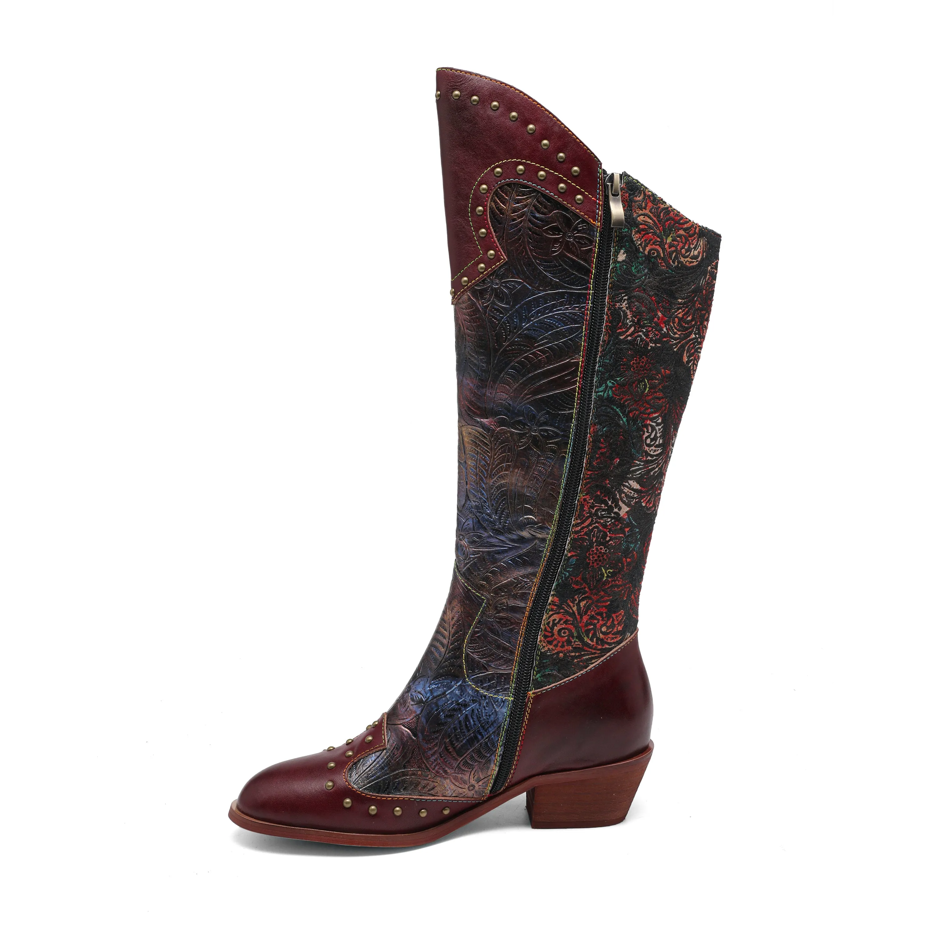 CrazycatZ Womens Leather  Knee High Boots Patterned Long Boots Vintage Boots Studded Western Boots Red Wine