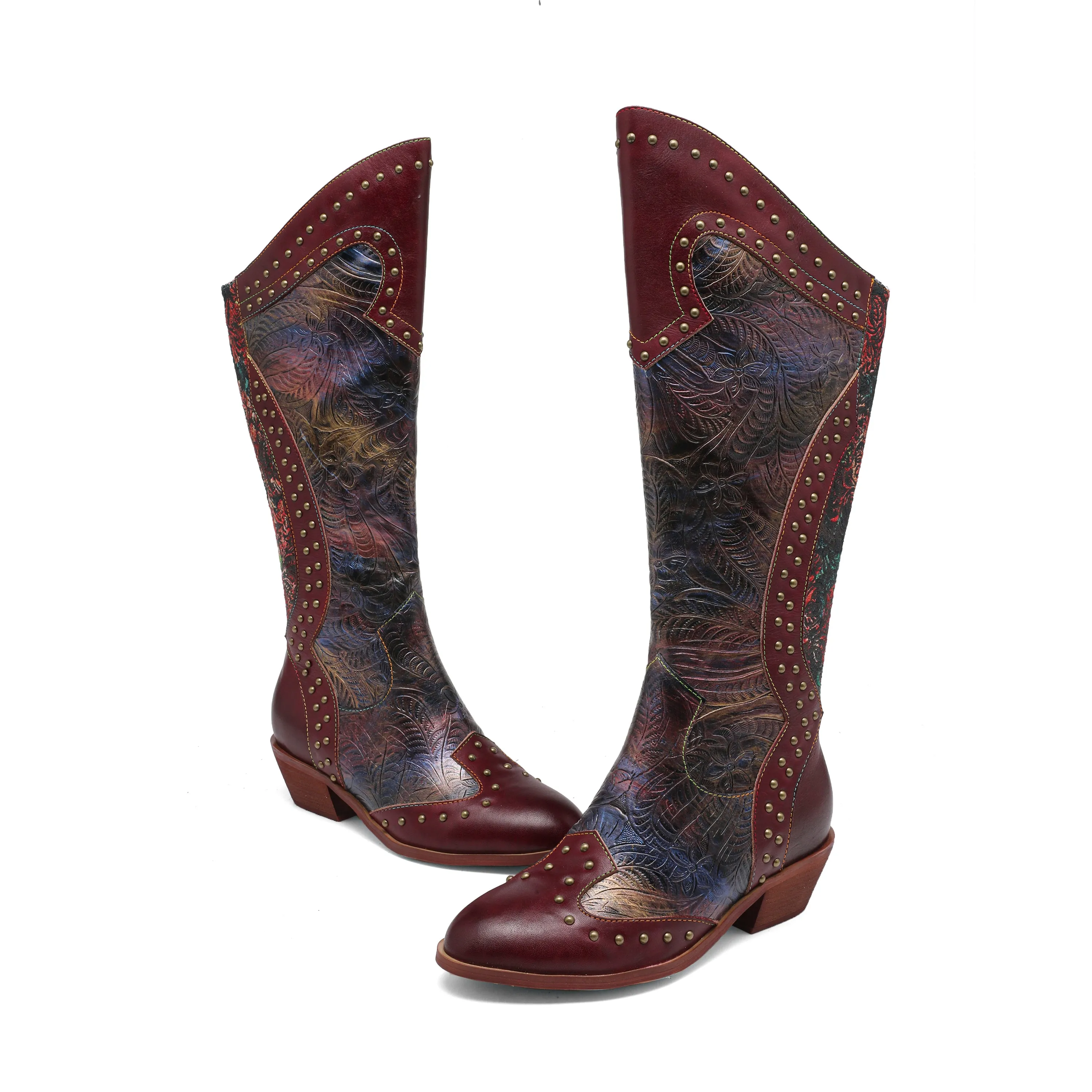 CrazycatZ Womens Leather  Knee High Boots Patterned Long Boots Vintage Boots Studded Western Boots Red Wine
