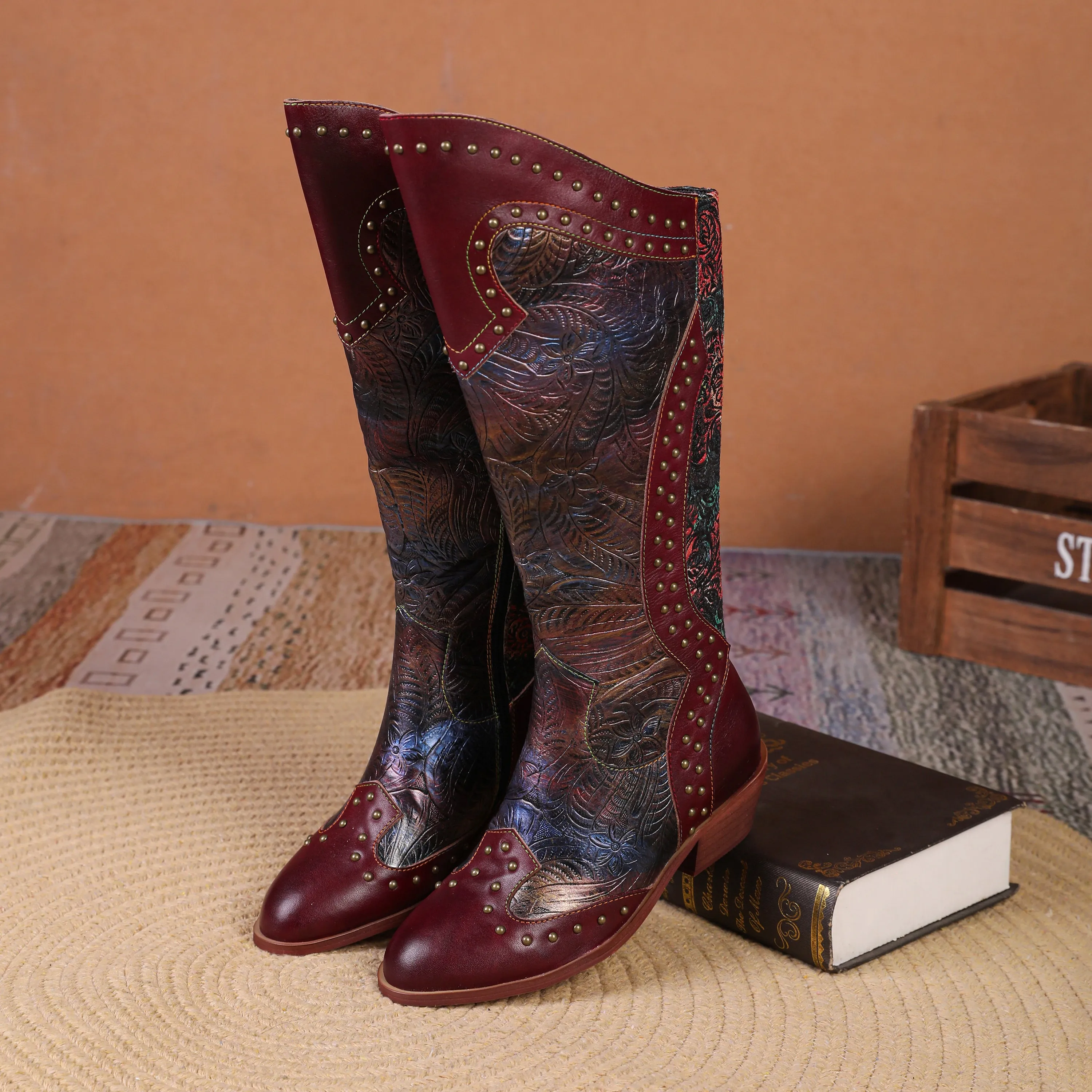 CrazycatZ Womens Leather  Knee High Boots Patterned Long Boots Vintage Boots Studded Western Boots Red Wine
