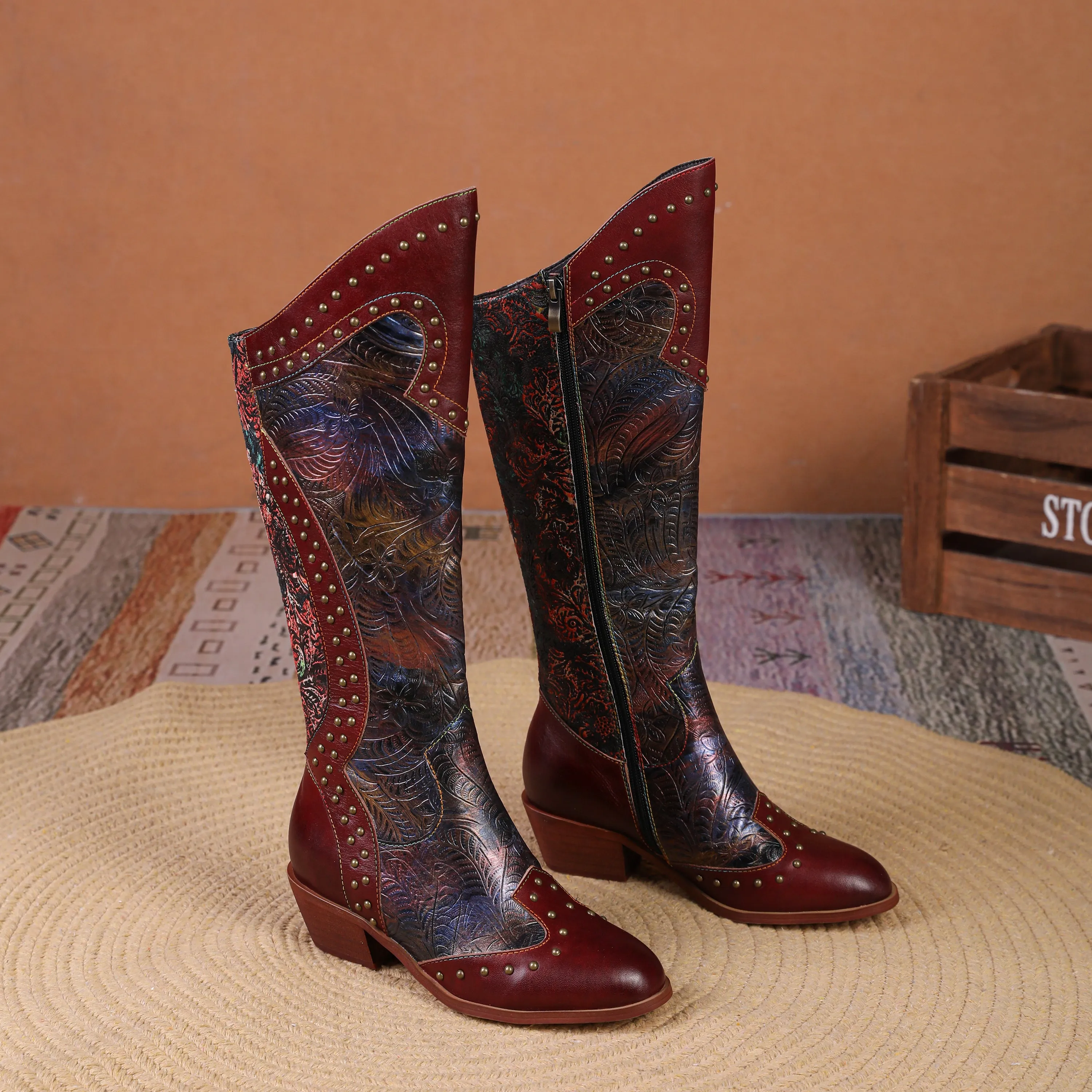 CrazycatZ Womens Leather  Knee High Boots Patterned Long Boots Vintage Boots Studded Western Boots Red Wine