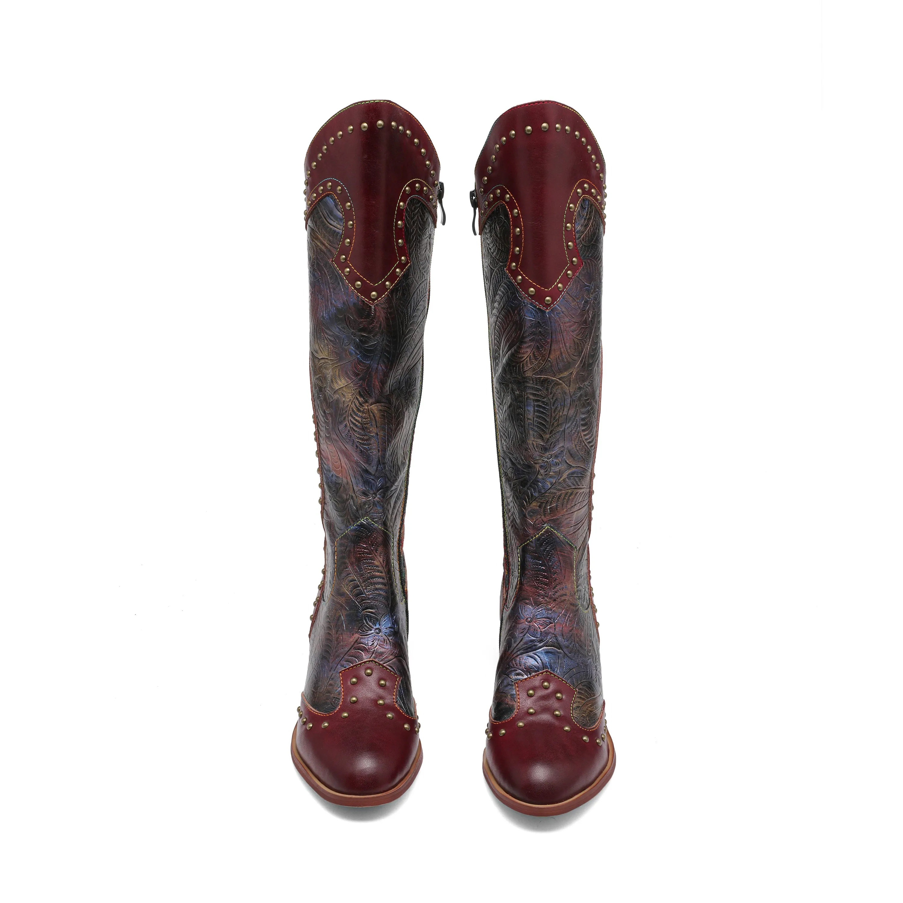 CrazycatZ Womens Leather  Knee High Boots Patterned Long Boots Vintage Boots Studded Western Boots Red Wine