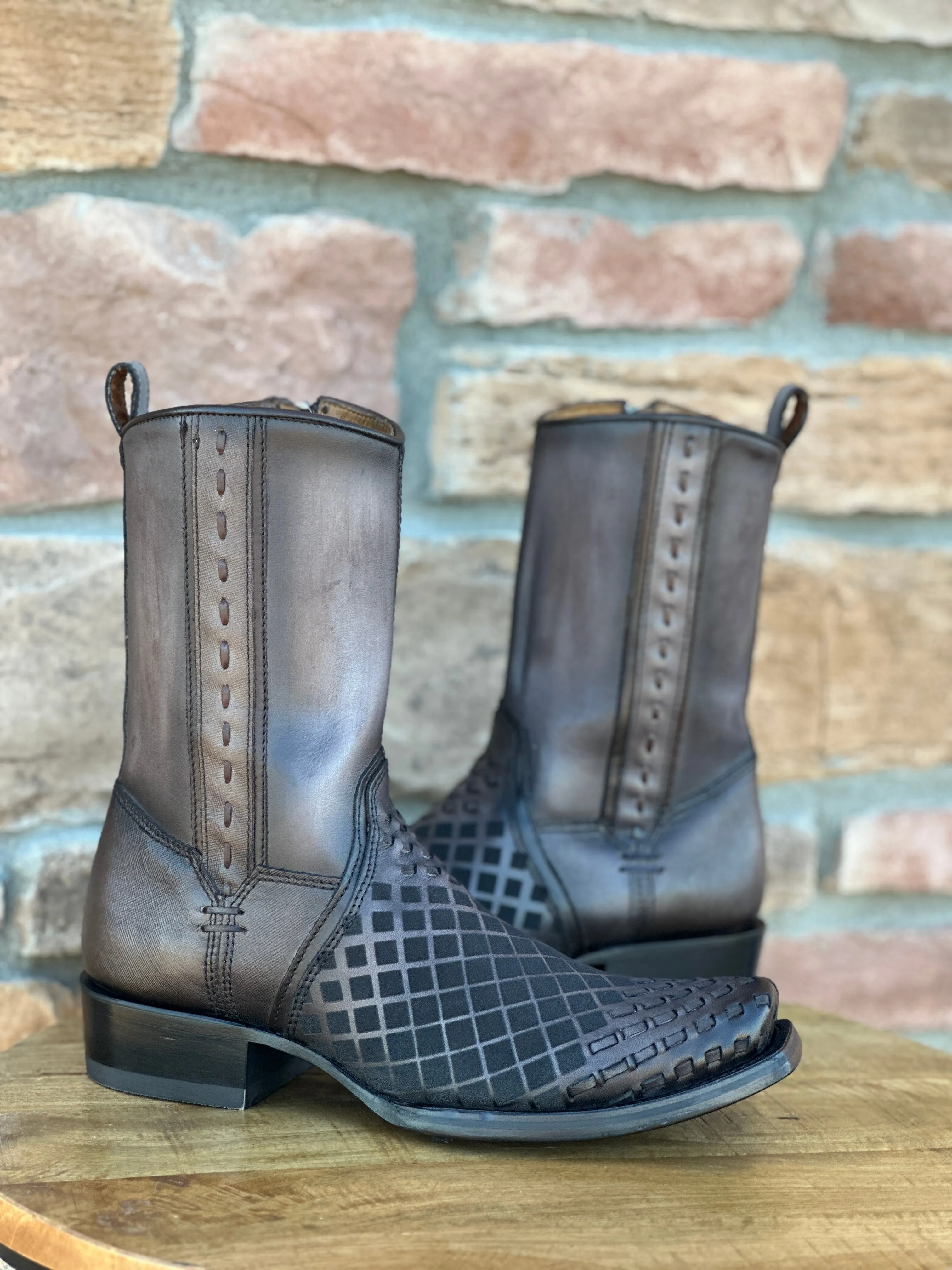 Cuadra Black Grey Laser & Woven Narrow Square Toe Boots CU498